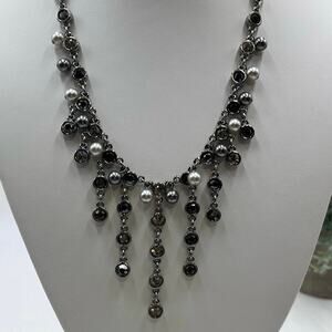 Swarovski Signed Black Crystal and Gray Pearl Bib Statement Necklace